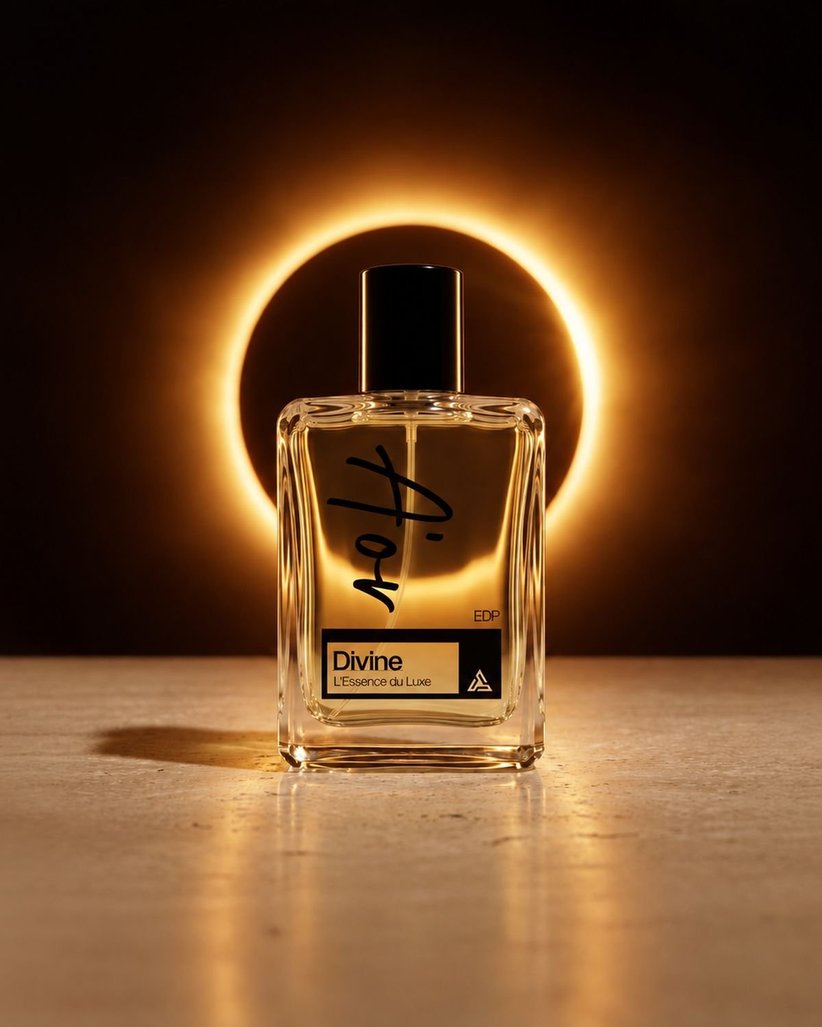 The A'OR Divine bottle in front of a glowing eclipse