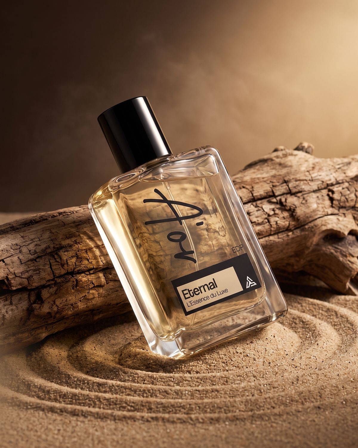 The A'OR Eternal bottle resting against driftwood on rippled sand